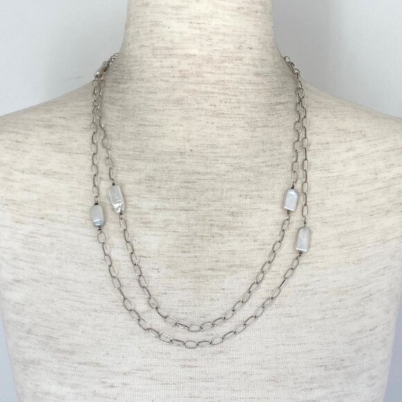 Sterling Silver 925 46" Very Long White Keshi Pearl Station Cable Chain Necklace - Picture 1 of 16
